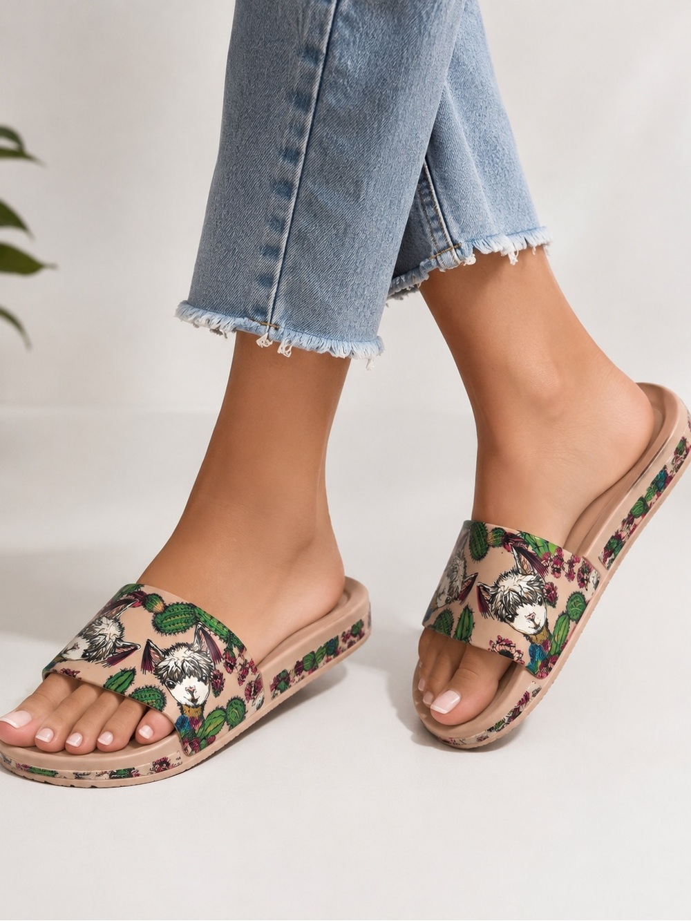 Mini Melissa Beige Floral & Green Botanical Slide Sandals - Women